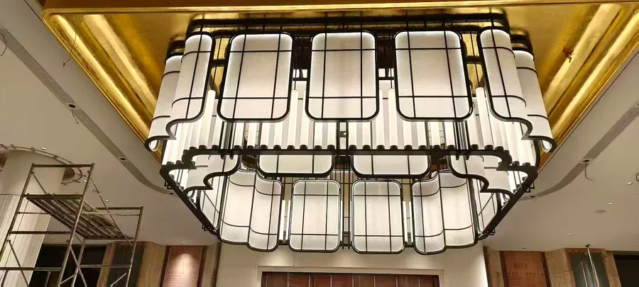 Lobby &mdash; tiered silk chandelier with gold frame