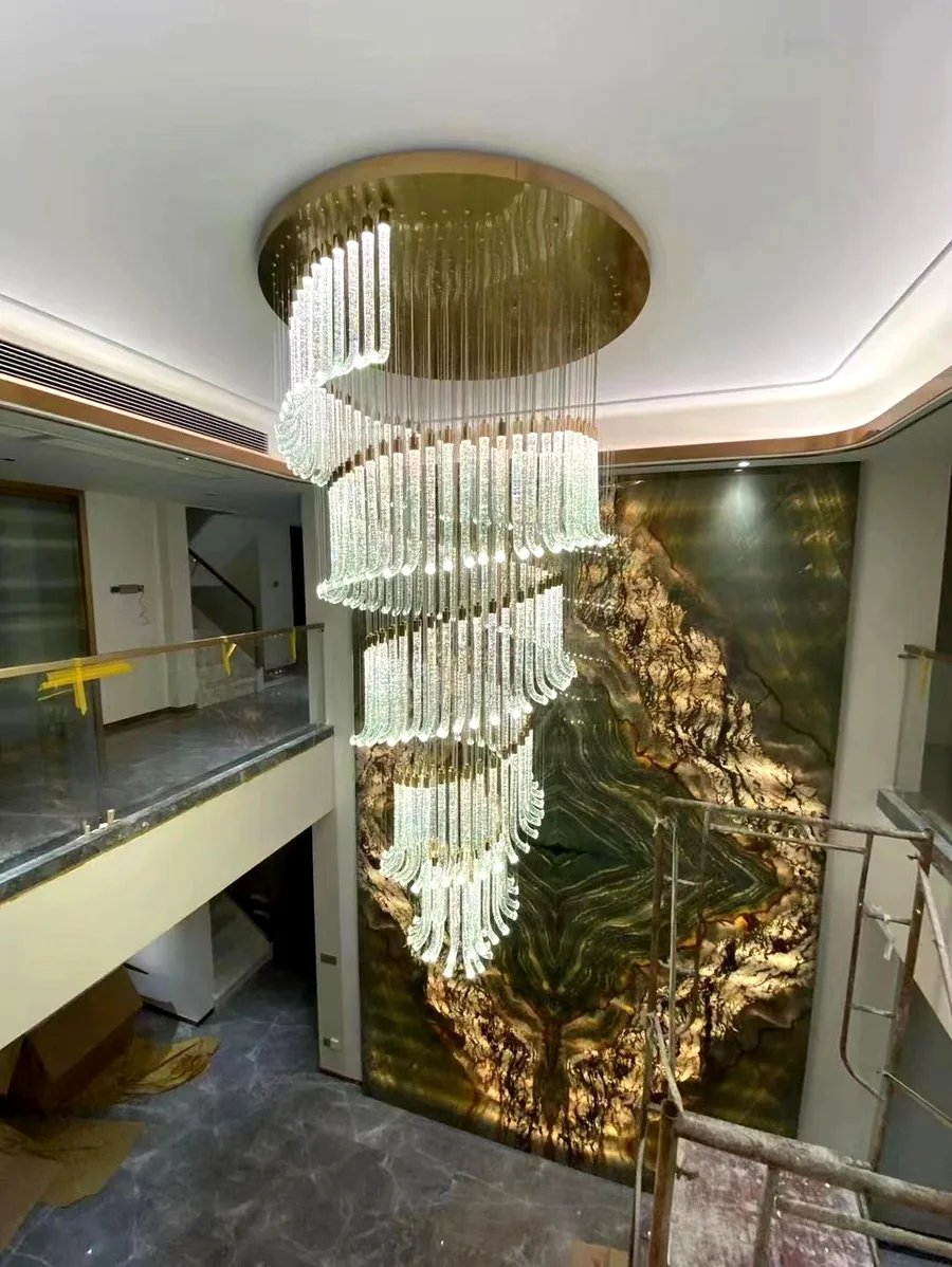 Stairwell &mdash; tall bubble-crystal drop chandelier